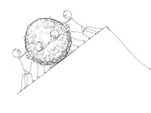 a ball on a hill with some people pushing it up and others pushing it down- lack of nonprofit alignment