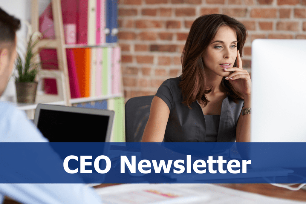 CEO Newsletter with woman behind it looking at her computer screen