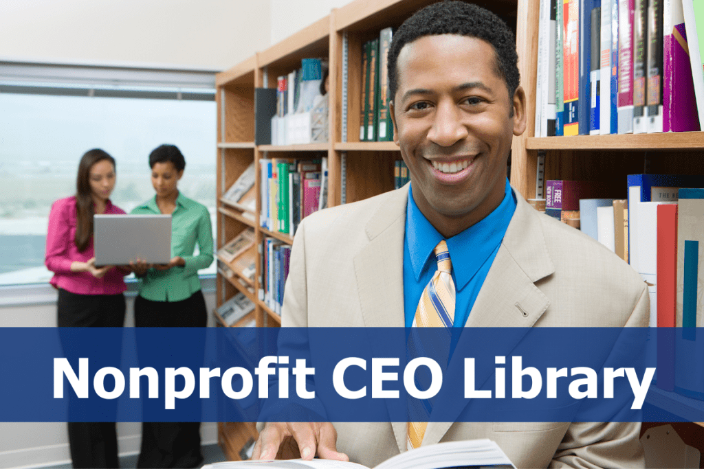 Nonprofit CEO library with a picture of people in a library behind it.