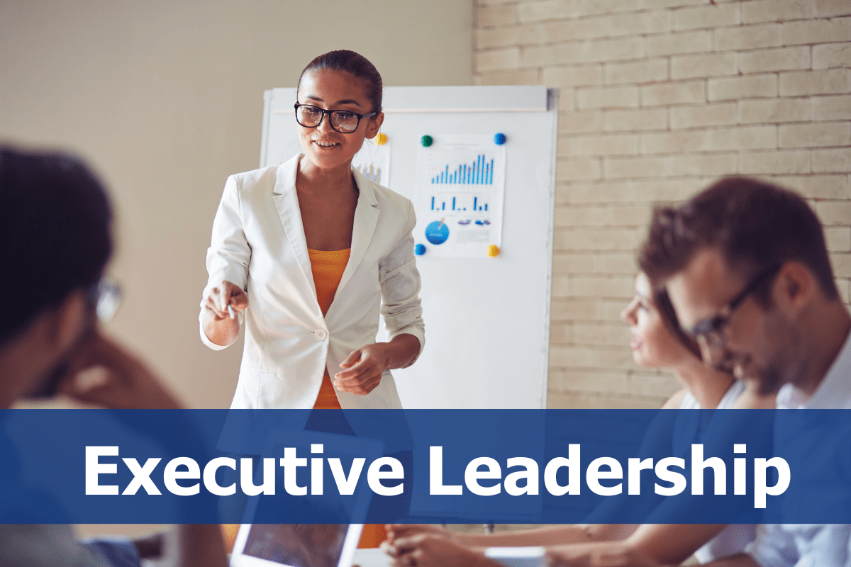 The words executive leadership with a picture of a woman leading a nonprofit