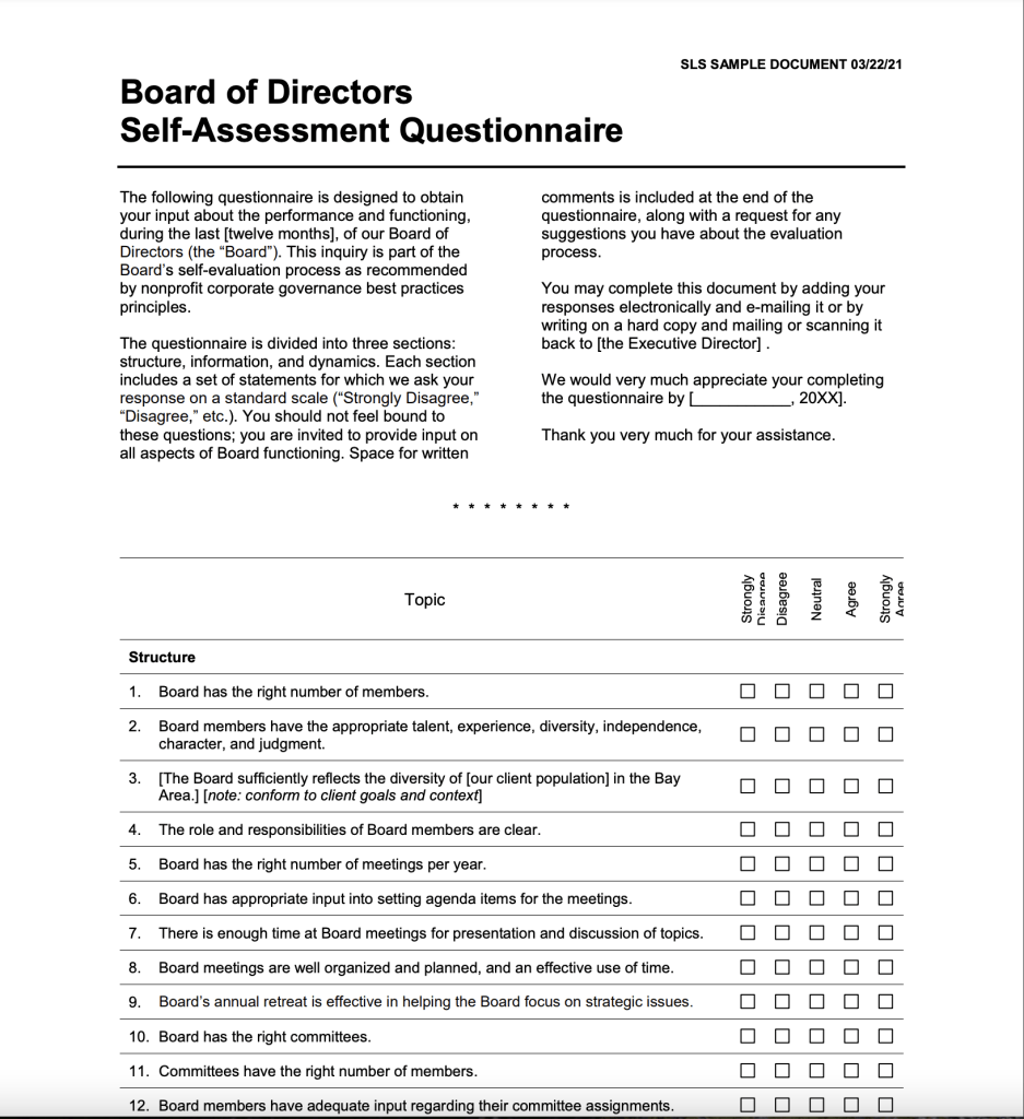 Board of Directors Self-Assessment Questionaire