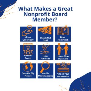 What Makes a Great Board Member: Gives generously, shouts out staff, does homework, attends events, helps fundraise, sees the big picture, avoids micromanaging, acts as your ambassador, listens more than talks