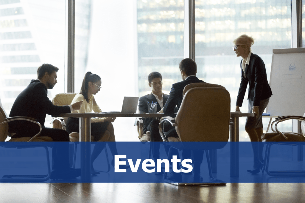 the word events with a picture of a meeting in background
