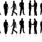 outline of a dozen people in black and white